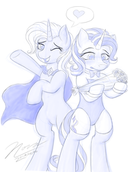 Size: 1024x1365 | Tagged: safe, artist:novaintellus, starlight glimmer, trixie, pony, unicorn, g4, blushing, bouquet, bowtie, cape, clothes, duo, female, heart, leotard, lesbian, one eye closed, ship:startrix, shipping, sketch, trixie's cape, wink