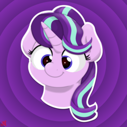Size: 1280x1280 | Tagged: safe, artist:ljdamz1119, starlight glimmer, pony, unicorn, g4, communism, female, hammer and sickle, purple background, simple background, smiling, solo, stalin glimmer, wingding eyes