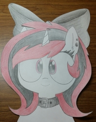 Size: 2114x2697 | Tagged: safe, artist:wafflecakes, oc, oc only, oc:lilith, pony, unicorn, bow, choker, hair bow, high res, piercing, smiling, solo, traditional art