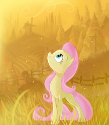 Size: 1400x1599 | Tagged: safe, artist:jaeneth, fluttershy, pony, g4, female, fence, forest, looking up, solo, windmill