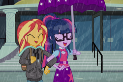 Size: 6000x4000 | Tagged: safe, artist:spottedlions, sci-twi, sunset shimmer, twilight sparkle, equestria girls, g4, monday blues, my little pony equestria girls: summertime shorts, absurd resolution, bag, belt, bowtie, clothes, duo, female, glasses, hoodie, lesbian, ponytail, rain, ship:sci-twishimmer, ship:sunsetsparkle, shipping, skirt, umbrella, vest, wet hair