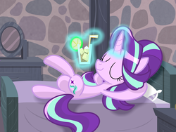Size: 4128x3096 | Tagged: safe, artist:lovehtf421, starlight glimmer, pony, unicorn, g4, bed, eyes closed, female, glass, glowing horn, horn, magic, mare, relaxing, smiling, solo