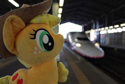 Size: 1920x1280 | Tagged: safe, artist:setorin5, applejack, earth pony, pony, g4, 4de, irl, japan, photo, plushie, ponies around the world, shinkansen, solo, train