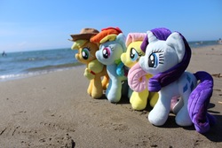 Size: 1920x1280 | Tagged: safe, artist:setorin5, applejack, fluttershy, rainbow dash, rarity, pony, g4, 4de, beach, irl, japan, photo, plushie, ponies around the world