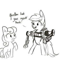 Size: 1650x1650 | Tagged: safe, artist:tjpones, bon bon, lyra heartstrings, sweetie drops, earth pony, pony, unicorn, g4, amputee, bipedal, bon bon is not amused, dialogue, duo, ear fluff, grayscale, mechanical hands, missing cutie mark, missing horn, monochrome, prosthetic limb, prosthetics, simple background, unamused, what has science done, white background