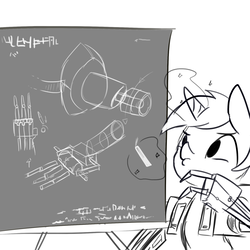 Size: 1650x1650 | Tagged: safe, artist:tjpones, lyra heartstrings, pony, unicorn, g4, amputee, blueprint, chalk, chalkboard, female, grayscale, magic, mechanical hands, monochrome, prosthetic limb, prosthetics, simple background, solo, telekinesis, white background