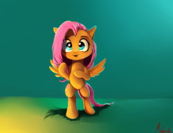 Size: 1900x1460 | Tagged: safe, artist:miokomata, fluttershy, pegasus, pony, g4, belly button, bipedal, cute, fangs, female, gradient background, looking at you, mare, shyabetes, signature, smiling, solo