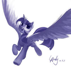 Size: 1720x1650 | Tagged: safe, artist:luciferamon, twilight sparkle, alicorn, pony, g4, female, flying, large wings, mare, monochrome, simple background, sketch, smiling, solo, spread wings, twilight sparkle (alicorn), white background, wings
