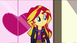 Size: 410x231 | Tagged: safe, screencap, sunset shimmer, equestria girls, g4, my little pony equestria girls: summertime shorts, pet project, :|, animated, back and forth, clothes, cutie mark on clothes, door, female, gif, heart, jacket, leather, looking around, skirt, walking
