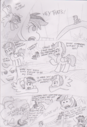 Size: 1195x1751 | Tagged: safe, artist:threetwotwo32232, lightning dust, rainbow dash, g4, ball of violence, comic, fight, flying, monochrome, newbie artist training grounds, parody, pencil drawing, sonic adventure 2, text, traditional art, walkie talkie