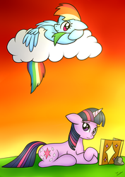 Size: 2480x3507 | Tagged: safe, artist:twidasher, rainbow dash, twilight sparkle, pegasus, pony, unicorn, g4, book, cloud, duo, female, gradient background, high res, lesbian, lying down, on a cloud, prone, rock, ship:twidash, shipping