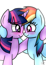 Size: 2480x3507 | Tagged: safe, artist:twidasher, rainbow dash, twilight sparkle, pegasus, pony, g4, blushing, boop, duo, female, high res, lesbian, noseboop, ship:twidash, shipping, simple background, white background