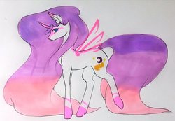 Size: 1024x710 | Tagged: safe, artist:oneiria-fylakas, oc, oc only, oc:dreamy moon, alicorn, pony, unicorn, artificial wings, augmented, female, magic, magic wings, mare, solo, traditional art, wings