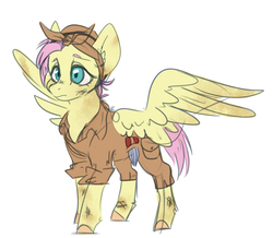 Size: 1238x1080 | Tagged: safe, artist:hanic-draws, fluttershy, pegasus, pony, g4, alternate timeline, apocalypse fluttershy, clothes, crystal war timeline, female, mare, overalls, simple background, solo, white background