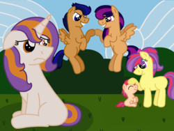 Size: 2048x1536 | Tagged: safe, artist:kindheart525, oc, oc only, oc:allegro jazz, oc:diamond mine, oc:motocross, oc:pippin rose, oc:thunderclap, earth pony, pegasus, pony, unicorn, kindverse, brother and sister, female, male, next generation, offspring, parent:apple bloom, parent:button mash, parent:rumble, parent:scootaloo, parent:sweetie belle, parent:tender taps, parents:rumbloo, parents:sweetiemash, parents:tenderbloom