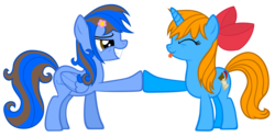 Size: 6010x3000 | Tagged: safe, artist:are-you-jealous, oc, oc only, pegasus, pony, unicorn, absurd resolution, bow, eyes closed, female, hair bow, hoofbump, mare, simple background, tongue out, transparent background, vector