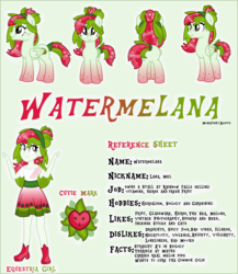 Size: 4016x4622 | Tagged: safe, artist:monkfishyadopts, oc, oc only, oc:watermelana, pegasus, pony, equestria girls, g4, absurd resolution, cutie mark, freckles, gradient hooves, looking at you, melon, reference sheet, self ponidox, smiling, square crossover, text, watermelon