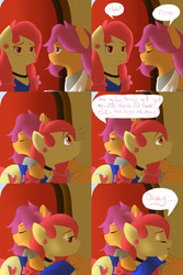 Size: 1600x2400 | Tagged: safe, artist:dunnowhattowrite, apple bloom, scootaloo, earth pony, pony, comic:ask motherly scootaloo, g4, cast, clothes, comic, hug, motherly scootaloo, sweatshirt