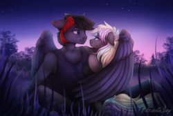 Size: 3000x2000 | Tagged: safe, artist:gloriajoy, oc, oc only, oc:ice trio, oc:mystic thunder, hippogriff, anthro, anthro oc, clothes, female, high res, icethunder, looking at each other, male, mare, oc x oc, shipping, smiling, stallion, straight