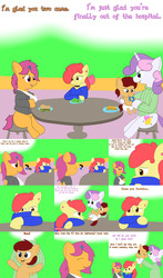 Size: 3840x6517 | Tagged: safe, artist:askchubbytwilight, apple bloom, scootaloo, sweetie belle, oc, oc:lightning blitz, pegasus, pony, comic:ask motherly scootaloo, g4, baby, baby pony, cast, clothes, colt, comic, cutie mark crusaders, dialogue, food, hairpin, holding a pony, male, motherly scootaloo, offspring, older, older apple bloom, older scootaloo, older sweetie belle, parent:rain catcher, parent:scootaloo, parents:catcherloo, salad, sandwich, sling, speech bubble, sweater, sweatshirt, table, toy