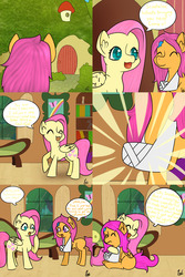 Size: 1600x2400 | Tagged: safe, fluttershy, scootaloo, pony, comic:ask motherly scootaloo, g4, book, bookshelf, cast, comic, couch, fluttershy's cottage, hairpin, hug, motherly scootaloo, painting