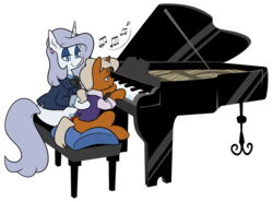 Size: 1138x841 | Tagged: safe, artist:egophiliac, oc, oc only, oc:copper decree, oc:platinum decree, pony, unicorn, clothes, colt, ear piercing, earring, elegant, fancy, female, jewelry, male, mare, mother, mother and son, music, music notes, musical instrument, piano, piercing, ponytail, simple background, sitting, suit, teaching, transparent background, vest