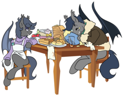 Size: 1278x985 | Tagged: safe, alternate version, artist:egophiliac, oc, oc only, oc:chase cartwheel, oc:laguna, bat pony, pony, apple, apron, bomber jacket, breakfast, clothes, duo, eating, female, food, fruit, goofy, herbivore, jacket, male, mare, messy, messy eating, mother, mother and son, pancakes, pear, simple background, stallion, sweater, textless version, transparent background