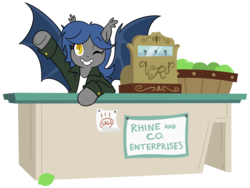 Size: 1250x939 | Tagged: safe, artist:egophiliac, oc, oc only, oc:racket rhine, bat pony, pony, cash register, clothes, counter, cute, female, fruit, happy, jacket, lime, mare, merchant, one eye closed, shop, simple background, smiling, solo, transparent background, waving, welcome, wink
