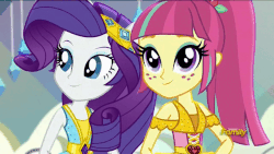 Size: 640x360 | Tagged: safe, screencap, pinkie pie, rainbow dash, rarity, sour sweet, equestria girls, equestria girls specials, g4, my little pony equestria girls: dance magic, animated, cute, discovery family logo, eyeshadow, female, freckles, gif, hat, makeup, one eye closed, ponied up, raribetes, smiling, sourbetes, wink