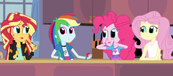 Size: 1600x706 | Tagged: safe, artist:thomaszoey3000, fluttershy, pinkie pie, rainbow dash, sunset shimmer, equestria girls, g4, chatting, clothes, cute, female, jacket, kitchen, leather jacket