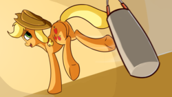 Size: 1920x1080 | Tagged: safe, artist:camyllea, applejack, earth pony, pony, g4, atg 2017, butt, cowboy hat, female, hat, kicking, looking back, mare, newbie artist training grounds, plot, punching bag, rear view, solo, stetson, underhoof