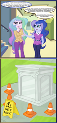 Size: 834x1785 | Tagged: safe, artist:supersheep64, princess celestia, princess luna, principal celestia, vice principal luna, equestria girls, g4, canterlot high, caution sign, clothes, female, sign, sisters, speech bubble, traffic cone, wet paint, wet paint sign