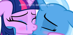 Size: 1048x498 | Tagged: safe, artist:navitaserussirus, derpibooru exclusive, trixie, twilight sparkle, pony, unicorn, g4, blushing, cropped, crying, duo, eyes closed, female, kiss on the lips, kissing, lesbian, mare, ship:twixie, shipping, tears of joy