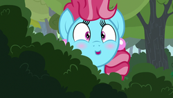Size: 1280x720 | Tagged: safe, screencap, cup cake, earth pony, pony, g4, the perfect pear, blushing, solo, tree, younger