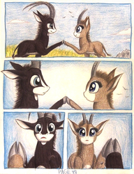 Size: 1068x1392 | Tagged: safe, artist:thefriendlyelephant, oc, oc only, oc:sabe, oc:uganda, antelope, bird, giant sable antelope, comic:sable story, africa, animal in mlp form, cloud, cloven hooves, comic, cute, eye contact, grass, horns, looking at each other, mountain, savanna, shipping, traditional art