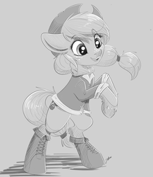 Size: 3806x4378 | Tagged: safe, artist:faline-art, applejack, earth pony, pony, g4, boots, clothes, cowboy hat, female, grayscale, hat, mare, monochrome, ponytail, rearing, shoes, smiling, solo, standing, vest