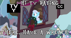 Size: 1262x682 | Tagged: safe, edit, edited screencap, screencap, linky, shoeshine, earth pony, pony, a hearth's warming tail, g4, season 6, bow, christmas, christmas lights, closed captioning, female, hearth's warming, holiday, image macro, mare, meme, mouth hold, ponyville, rating sign meme, snow, solo, television logo joke, text, tv-y, window, wreath