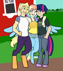 Size: 1959x2227 | Tagged: safe, artist:/d/non, oc, oc only, oc:orion, oc:prism, oc:rory, oc:utah, satyr, armpits, female, friendship, group hug, hug, male, offspring, parent:applejack, parent:rainbow dash, parent:twilight sparkle