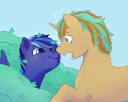 Size: 2500x2000 | Tagged: safe, artist:felie-yeo, oc, oc only, oc:demi, oc:night shadow, pegasus, pony, unicorn, :t, blue background, blushing, boop, bush, cute, eye contact, high res, looking at each other, male, noseboop, open mouth, raised hoof, simple background, smiling, spread wings, stallion, surprised, wide eyes, wings, ych result
