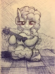 Size: 3024x4032 | Tagged: safe, artist:littlenaughtypony, pear butter, earth pony, pony, g4, the perfect pear, guitar, sketch, smiling, traditional art