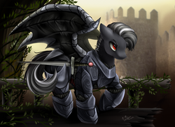 Size: 3509x2550 | Tagged: safe, artist:pridark, oc, oc only, oc:tempest knight, dracony, hybrid, armor, castle, commission, high res, large wings, male, raised hoof, solo, stallion, sword, weapon, wings