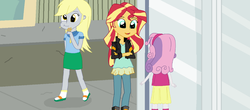 Size: 1600x706 | Tagged: safe, artist:thomaszoey3000, derpy hooves, sunset shimmer, sweetie belle, equestria girls, g4, clothes, cute, food, hairband, jacket, leather jacket, muffin, sandals, skirt, socks, socks with sandals