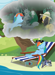 Size: 4800x6600 | Tagged: safe, artist:anxet, artist:mundschenk85, artist:the smiling pony, daring do, rainbow dash, griffon, pony, g4, absurd resolution, beach chair, book, bottle, chair, daring do and the griffon's goblet, dream, goblet, show accurate, sleeping, statue, vector