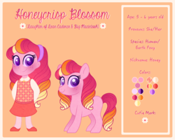 Size: 1280x1024 | Tagged: safe, artist:carouselunique, oc, oc only, oc:honeycrisp blossom, earth pony, pony, equestria girls, g4, female, filly, freckles, offspring, parent:big macintosh, parent:princess cadance, parents:cadmac, reference sheet, solo