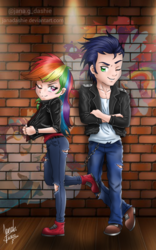 Size: 800x1280 | Tagged: safe, artist:janadashie, rainbow dash, soarin', human, pegasus, pony, equestria girls, g4, brick wall, bricks, clothes, confident, crossed arms, female, flirting, graffiti, humanized, jacket, looking back, male, multicolored hair, one eye closed, pants, ship:soarindash, shipping, smiling, straight, thug life, wall