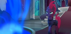 Size: 1920x928 | Tagged: safe, screencap, storm king, tempest shadow, g4, my little pony: the movie, official, armor, broken horn, canterlot castle, concave belly, explanation, eye scar, horn, indoors, lidded eyes, looking at someone, scar, slender, solo focus, spell call, talking, thin, throne room