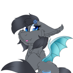 Size: 2560x2560 | Tagged: safe, artist:brokensilence, oc, oc only, oc:seachell, bat pony, pony, cute, cute little fangs, eyeshadow, fangs, female, flower, flower in hair, high res, makeup, mare, scrunchy face, simple background, solo, tongue out, transparent background