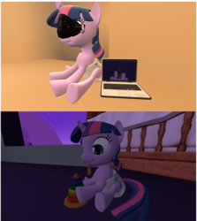 Size: 1935x2170 | Tagged: safe, artist:northern haste, twilight sparkle, pony, g4, 3d, computer, crib, diaper, female, foal, htc vive, laptop computer, non-baby in diaper, solo, source filmmaker, virtual reality
