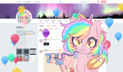 Size: 1605x950 | Tagged: safe, artist:hawthornss, party favor, oc, oc only, oc:paper stars, bat pony, pony, g4, :3, balloon, birthday, clothes, cute, ear fluff, female, lidded eyes, looking at you, mare, meta, mouth hold, party horn, sailor moon (series), smiling, socks, solo, sparkles, starry eyes, text, twitter, wingding eyes