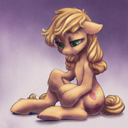 Size: 1500x1500 | Tagged: safe, artist:chromaskunk, artist:verulence, applejack, earth pony, pony, g4, collaboration, female, gradient background, looking down, mare, sad, solo